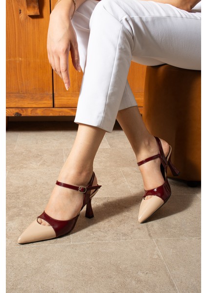 Lunarıa Kadın Renk Bloklu Bilekten Bağlamalı Kadın Bordo Krem Topuklu Ayakkabı