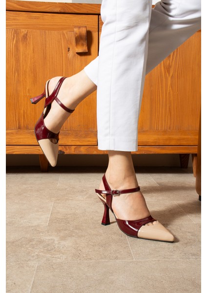 Lunarıa Kadın Renk Bloklu Bilekten Bağlamalı Kadın Bordo Krem Topuklu Ayakkabı modelleri