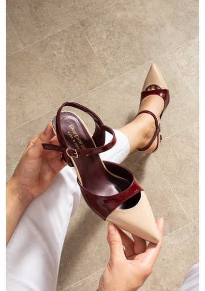 Lunarıa Kadın Renk Bloklu Bilekten Bağlamalı Kadın Bordo Krem Topuklu Ayakkabı fırsatları