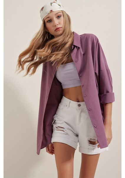 3900 Oversize Uzun Basic Gömlek - Koyu Lila