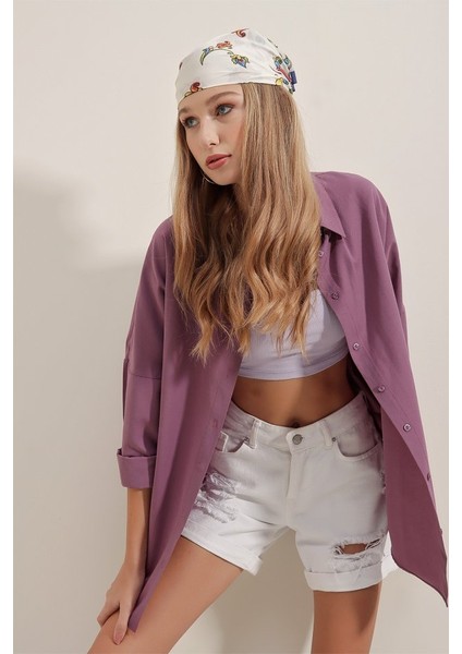 3900 Oversize Uzun Basic Gömlek - Koyu Lila modelleri
