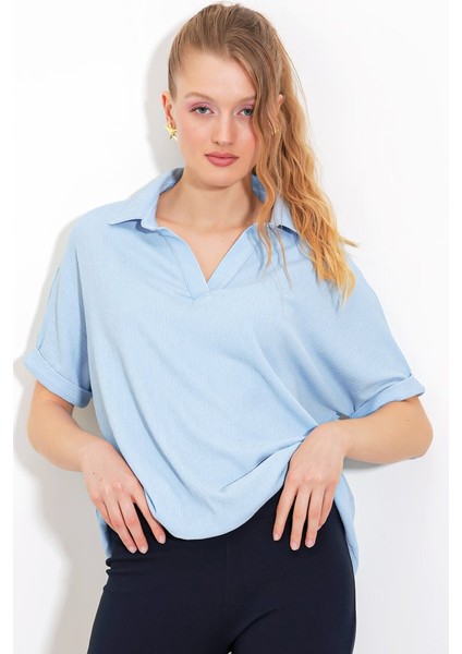 Mavi Oversize Polo Yaka Örme Bluz 0486