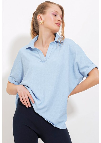 Mavi Oversize Polo Yaka Örme Bluz 0486 fiyatları