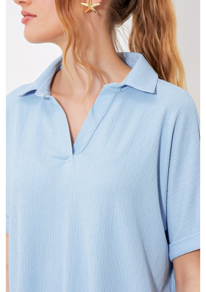 Mavi Oversize Polo Yaka Örme Bluz 0486 fırsatları