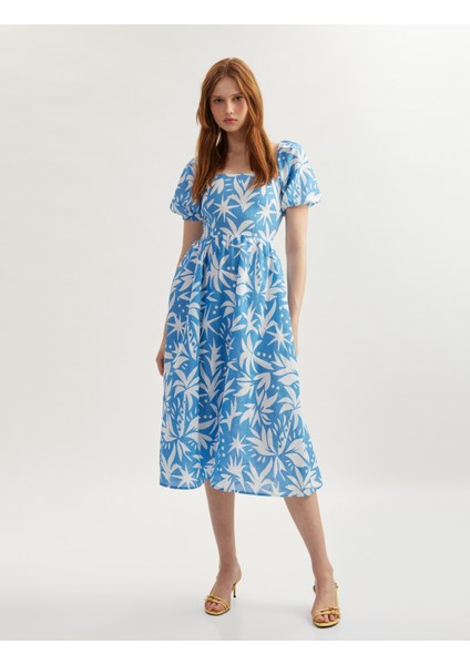 Pamuklu Kısa Balon Kollu Arkası Dekolte Detaylı Midi Boy Çiçekli Elbise fiyatları