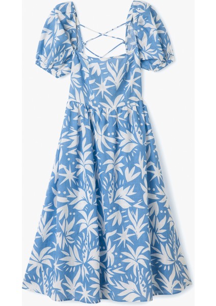 Pamuklu Kısa Balon Kollu Arkası Dekolte Detaylı Midi Boy Çiçekli Elbise modelleri