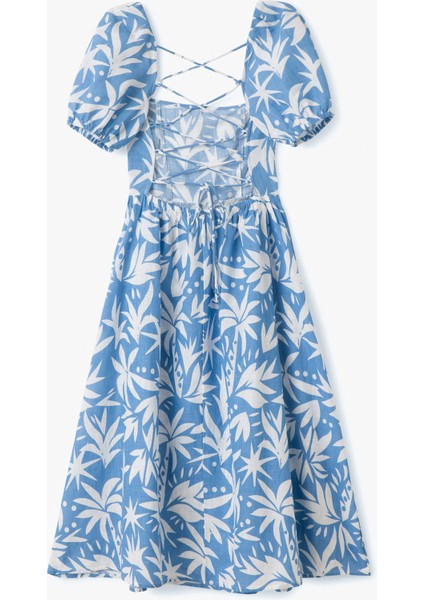 Pamuklu Kısa Balon Kollu Arkası Dekolte Detaylı Midi Boy Çiçekli Elbise fırsatları