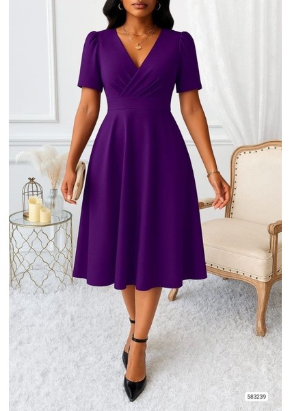 Kadın Kruvaze Yaka Kısa Kollu Midi Boy Krep Kumaş Elbise