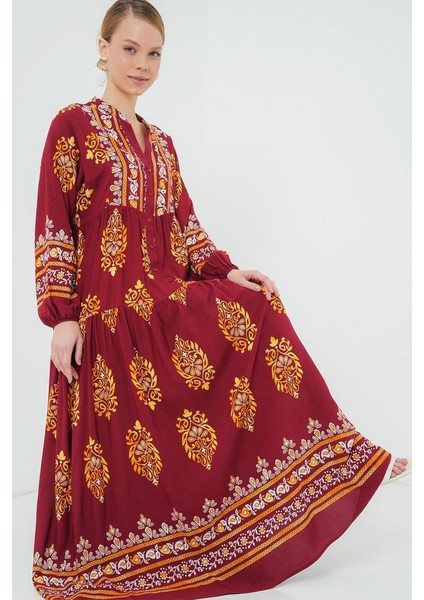 2423 Otantik Desenli Tesettür Elbise - E. Bordo
