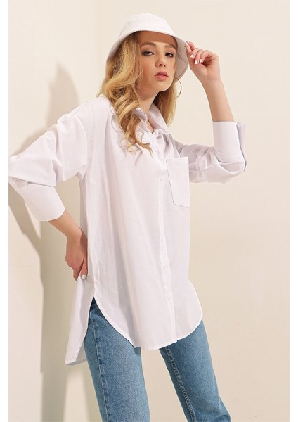 3952 Arkası Düğmeli Boyfriend Gömlek - Beyaz