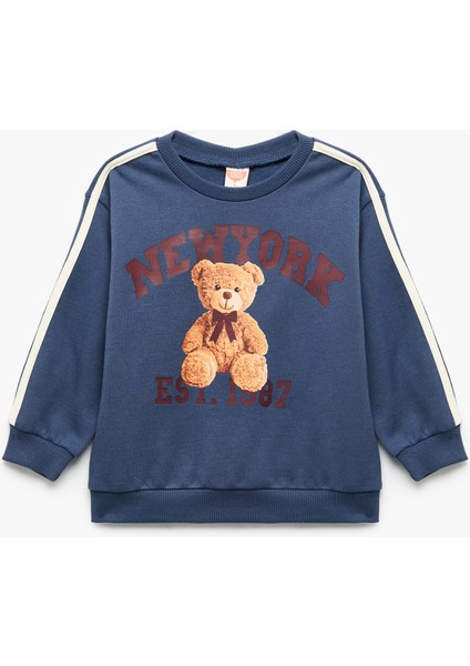 Şardonlu Uzun Kollu Ayıcık Baskılı Bisiklet Yaka Sweatshirt