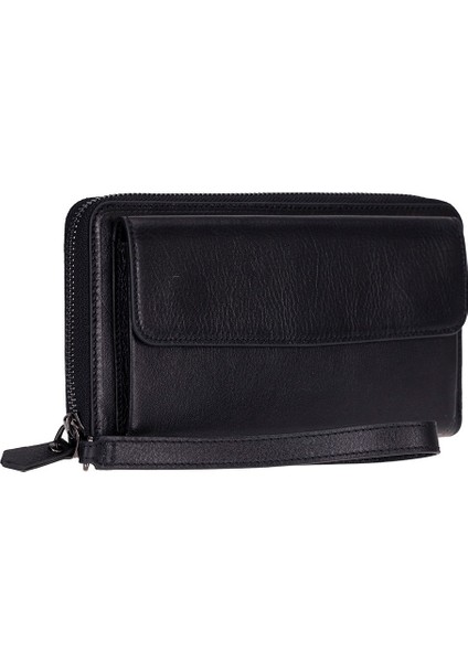 Aristo Hakiki Deri, El Yapımı, Telefon Bölmeli, Erkek El Çantası, Kömür Siyah