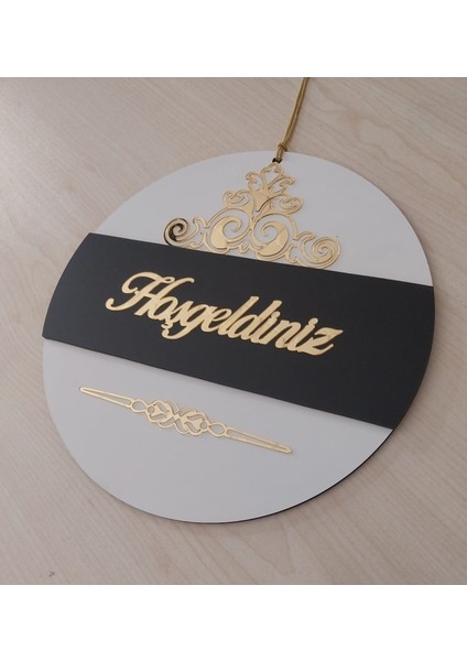 Desenli Hoşgeldiniz Yazılı Aynalı Pleksi Ahşap Kapı Süsü