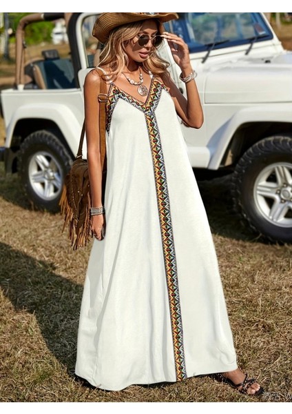 Kadın Askılı V Yakalı Etnik Şerit Detaylı Uzun Viskon Elbise fiyatları