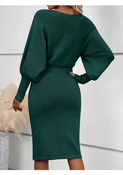 Kadın Uzun Yarasa Kollu Yakası Açık Belden Oturtmalı Kısa Triko Elbise fiyatları