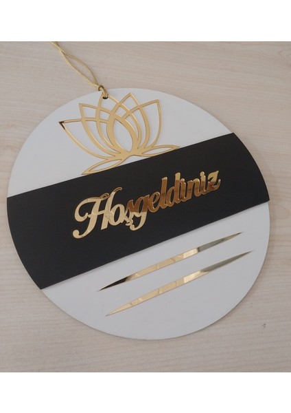 Lotus Desenli Hoşgeldiniz Yazılı Aynalı Pleksi Ahşap Kapı Süsü