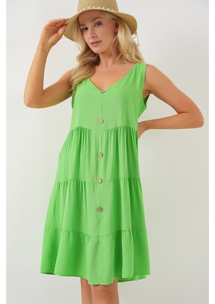 Sıfır Kol Düğmeli Kısa Elbise 2571 - Yeşil