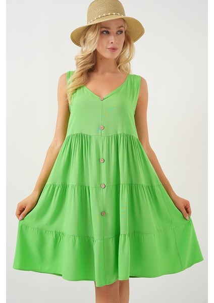 Sıfır Kol Düğmeli Kısa Elbise 2571 - Yeşil modelleri