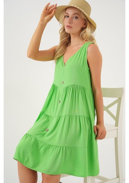 Sıfır Kol Düğmeli Kısa Elbise 2571 - Yeşil fırsatları