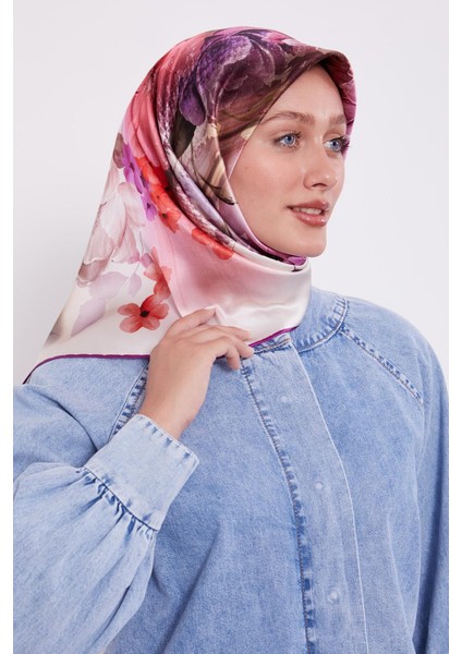 Mor Çiçek Desen Sura Ipek Eşarp