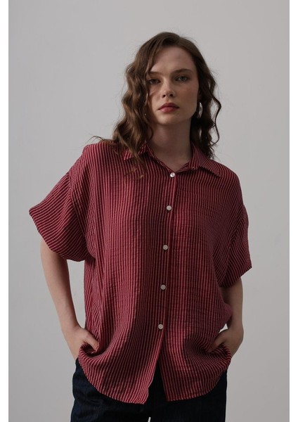 Yarım Balon Kol Çizgili Gömlek - Bordo