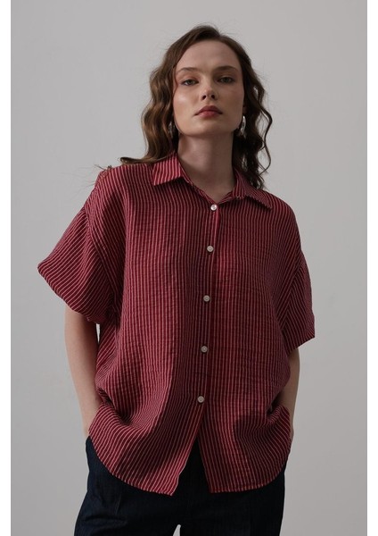 Yarım Balon Kol Çizgili Gömlek - Bordo modelleri