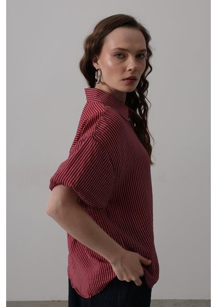 Yarım Balon Kol Çizgili Gömlek - Bordo fırsatları
