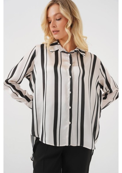 Çizgili Uzun Saten Gömlek 20291 - Siyah fırsatları
