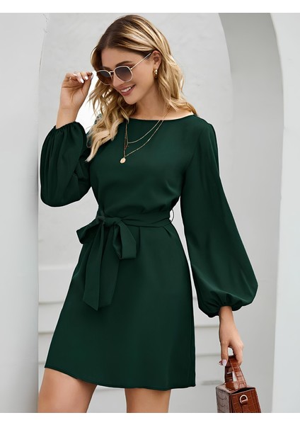 Kadın Uzun Kollu Kayık Yaka Belden Kuşaklı Kısa Ithal Krep Elbise fiyatları