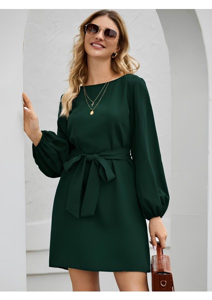Kadın Uzun Kollu Kayık Yaka Belden Kuşaklı Kısa Ithal Krep Elbise indirimleri