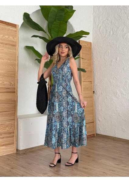 Kadın Beli Gipeli Etnik Desen Sıfır Kol Süprem Elbise fiyatları