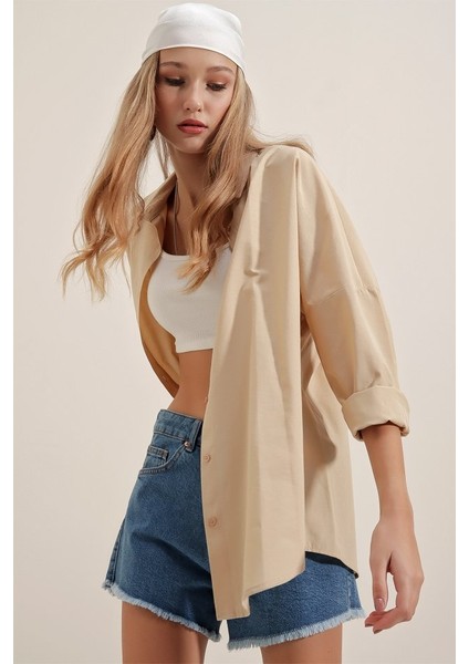 3900 Oversize Uzun Basic Gömlek - Bej fiyatları