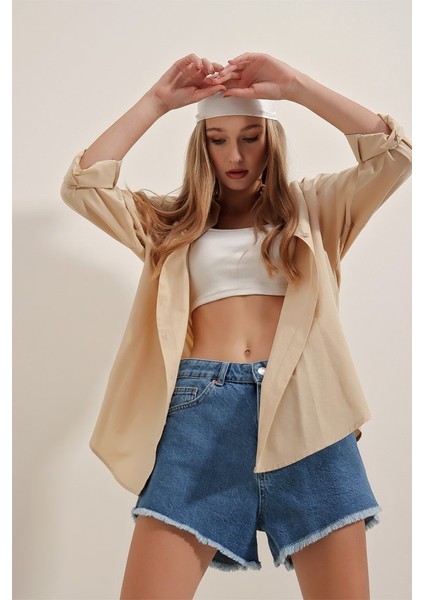 3900 Oversize Uzun Basic Gömlek - Bej modelleri