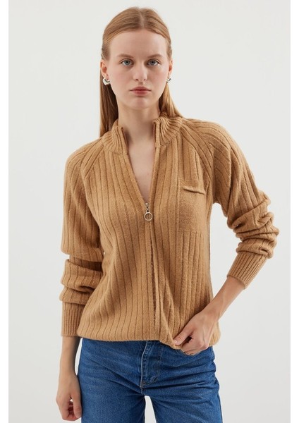 15880 Fermuarlı Triko Hırka - Bisküvi modelleri