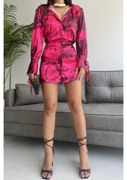 Vatkalı Manşet Detaylı Gömlek Elbise - Fuşya