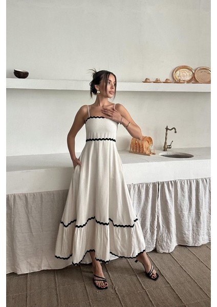 Bej Şerit Detay Keten Elbise