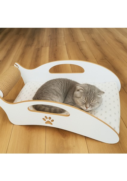 Ahşap Kedi Yatağı ve Tırmalama Silindiri - 2 Si Bir Arada - 60 x 32 cm