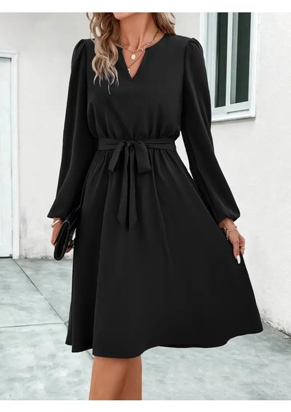 Kadın Uzun Kollu V Yakalı Belden Kuşaklı Kiloş Krep Elbise fiyatları