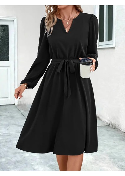 Kadın Uzun Kollu V Yakalı Belden Kuşaklı Kiloş Krep Elbise indirimleri