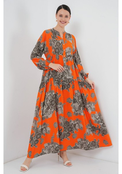 2423 Otantik Desenli Tesettür Elbise - E. Turuncu
