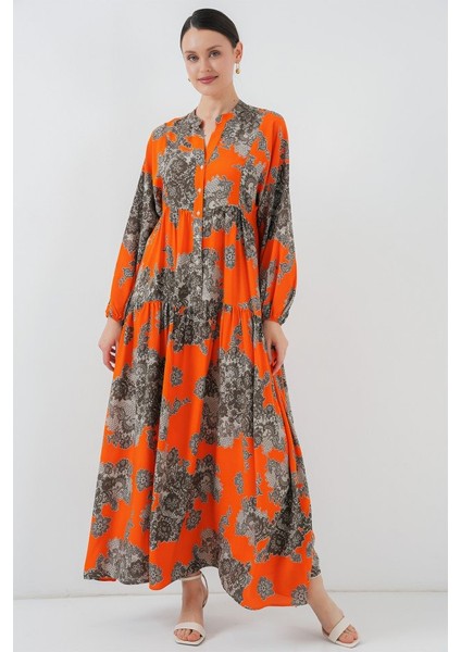2423 Otantik Desenli Tesettür Elbise - E. Turuncu modelleri