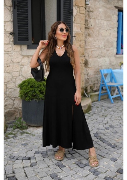 Kadın Kalın Askılı V Yaka Yırtmaç Detay Viskon Elbise