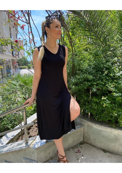 Kadın Kalın Askılı V Yaka Yırtmaç Detay Viskon Elbise indirimleri