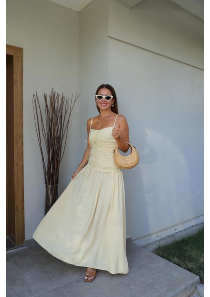 Sarı Askılı Drape Detay Maxi Boy Elbise