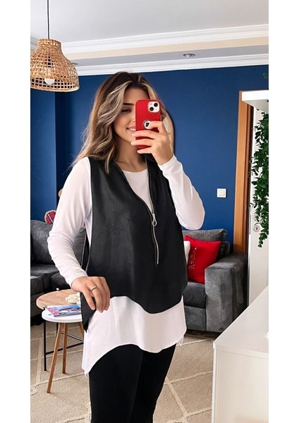 Kadın Uzun Kol Asimetrik Kesim Viskon Bluz ve Çatlak Deri Görünümlü Fermuar Detaylı Yelek Ikili Takım