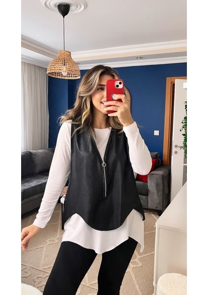 Kadın Uzun Kol Asimetrik Kesim Viskon Bluz ve Çatlak Deri Görünümlü Fermuar Detaylı Yelek Ikili Takım fiyatları