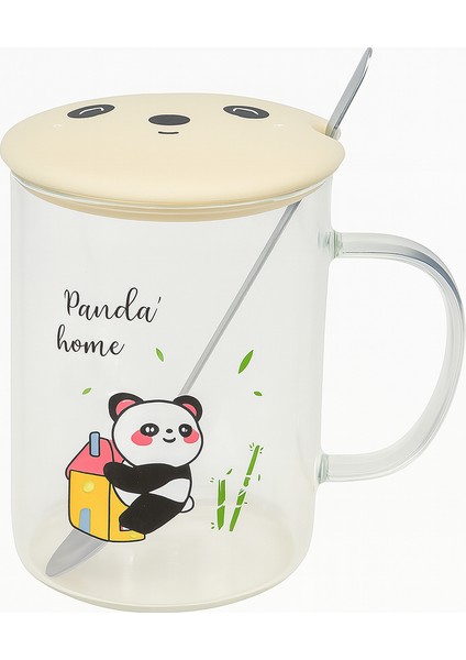 Panda Figürlü Seramik Kapaklı Cam Bardak Panda Home Pembe