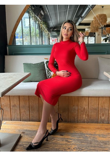 Kadın Yarım Balıkçı Yaka Süet Kumaş Fırsat Ürün Midi Boy Elbise fırsatları