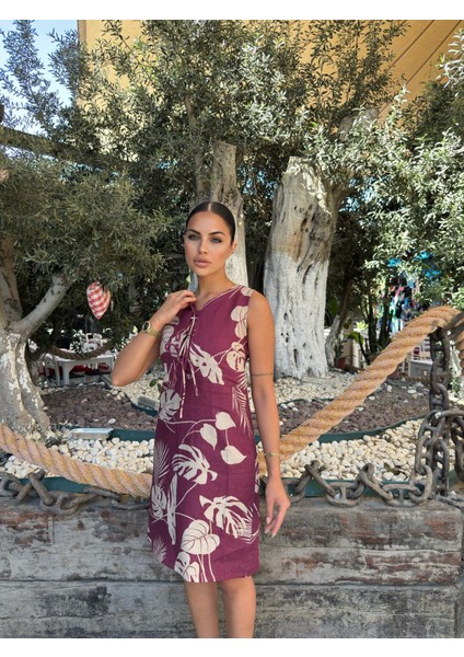 Spagetti Fiyonk Keten Yaprak Desen Elbise 50330 fiyatları