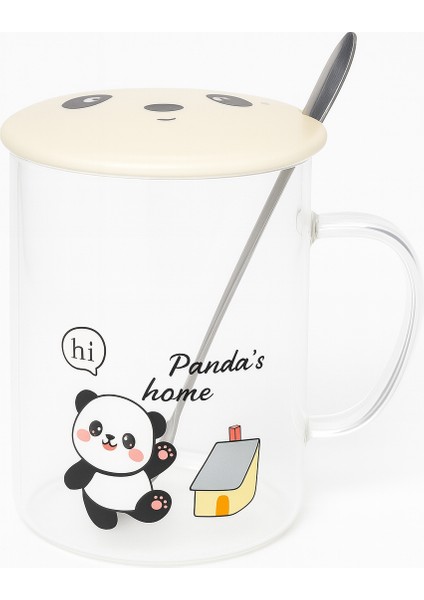 Panda Figürlü Seramik Kapaklı Cam Bardak Panda Home Mavi